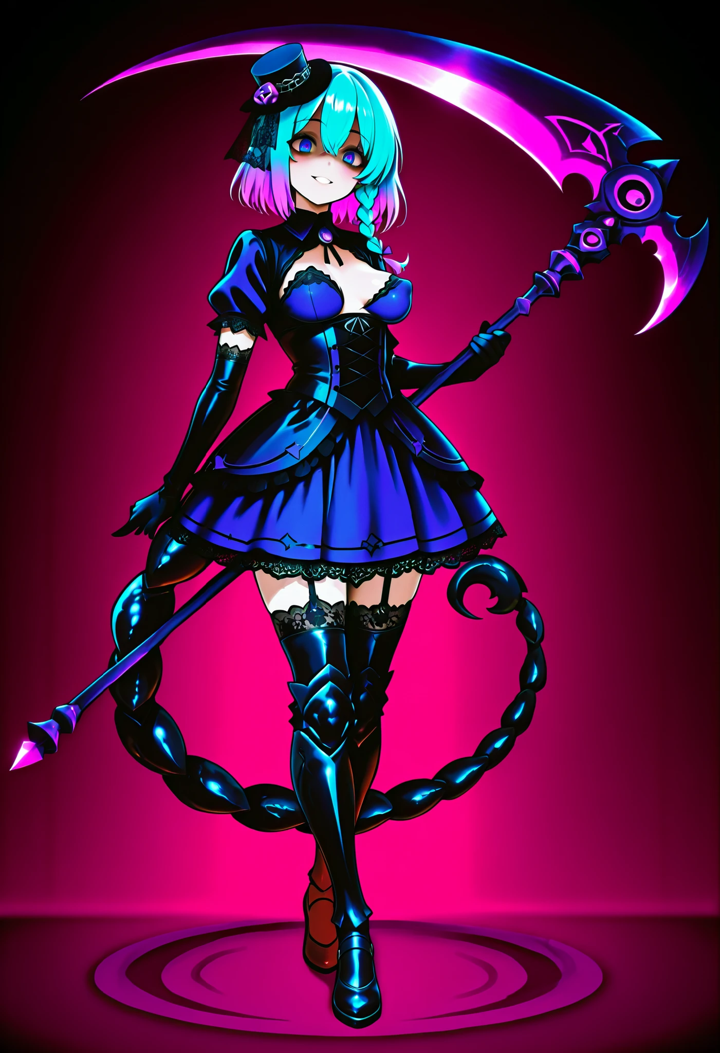 Serket. Scorpion girl. Lavender colored hair. Single braid. Gothic dress. Purple and blue dress. Ruffles. Lace veil. Small gothic hat. Yandere eyes. Scythe. Holding a weapon. Perky breasts. Scorpion legs. Scorpion claws. Scorpion tail. Black carapace. Multiple legs.