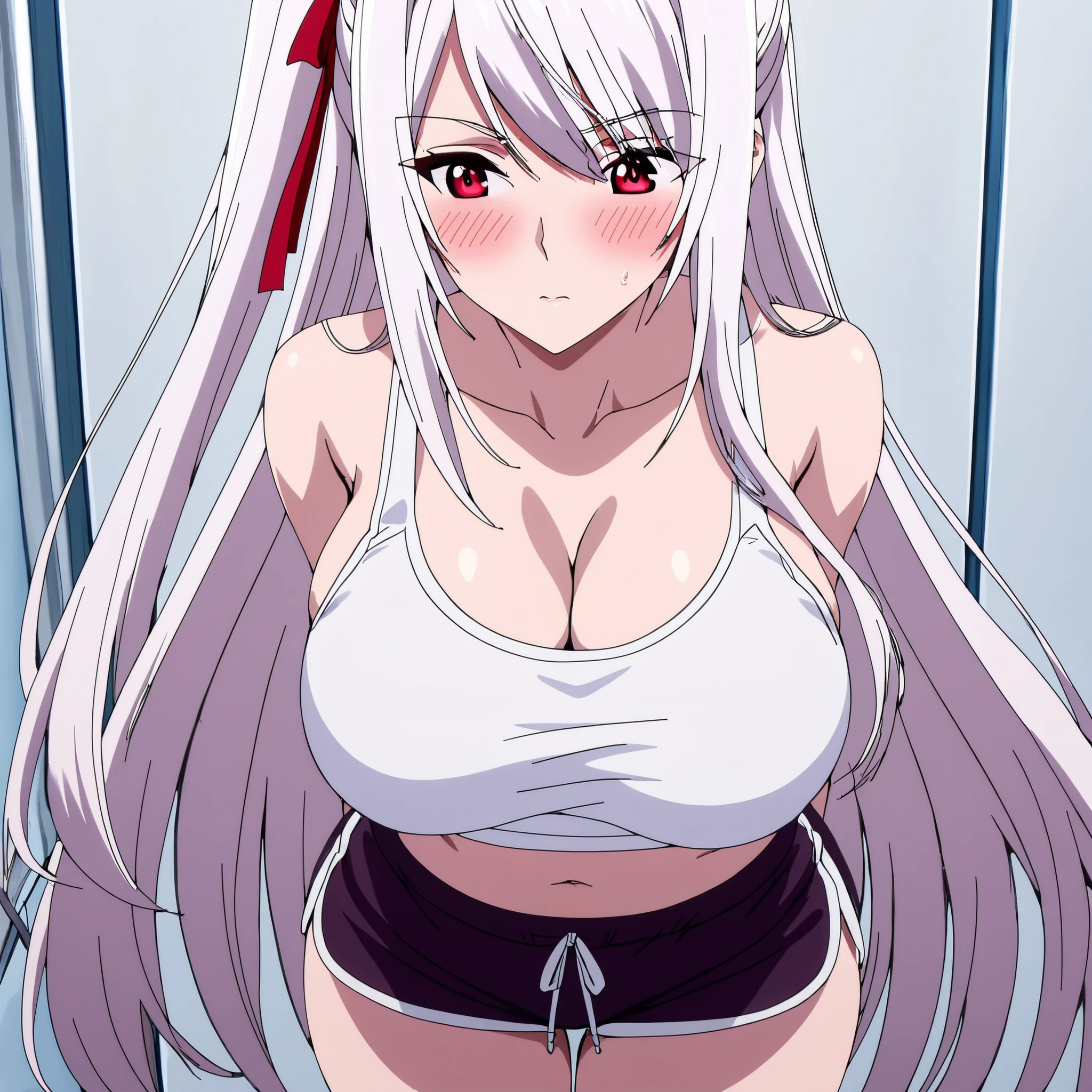 alexia midgar, long hair, very long hair, hair ribbon, white hair, red eyes, sidelocks, ribbon,
White crop top, black dolphin shorts,
arms behind back:1.4), breast, ((cute breast)), ((round breast)) (blush), 8k masterpiece, (1girl, solo) adult, mature, +18
