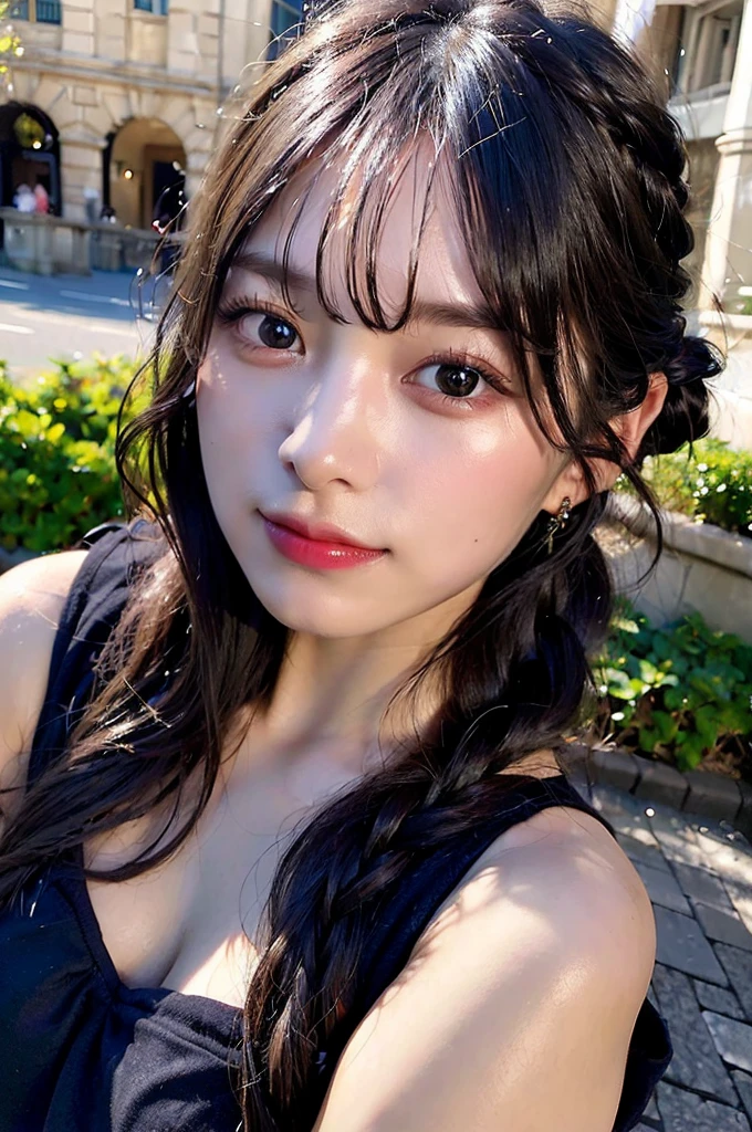 (Highest quality, 8k, 32K, masterpiece, Ultra-high resolution:1.2),
((Face close-up:1.4))、Portraiture、((Completely naked))、
Cute Japanese Girl, (Huge breasts:1.4), Short black hair, bangs, Bulging lips、
Tight waist, (Outdoor, garden, blue sky),