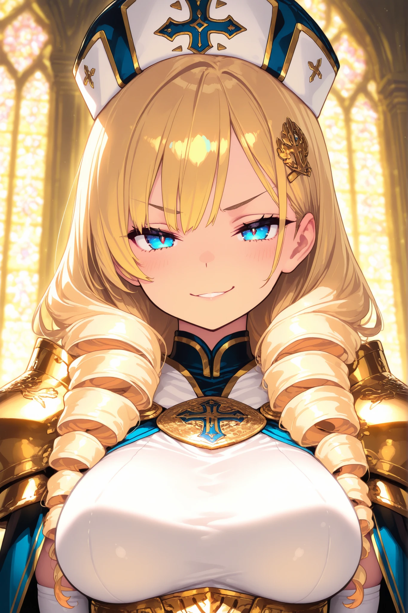 masterpiece, best quality, very aesthetic, absurdres, (masterpiece, best quality, highly detailed), 1girl, cleric character, human, close-up portrait, long blonde drill hair with a golden coin-shaped hair clip, deep sapphire blue eyes, fair skin with a slight golden undertone, F-cup breasts visible in the frame, elegant yet practical adventurer outfit, high-class cleric armor with golden embroidery, form-fitting white and blue tunic with a deep neckline, reinforced corset with gold trim and dangling golden chains, armored shoulder guards with ornate engravings, divine insignia of Abadar on her chestplate, golden diadem with Abadar’s symbol glowing softly, aristocratic and refined appearance, smirking confidently with a haughty and domineering expression, slight blush on her cheeks, anime style, fantasy setting, dramatic lighting with a soft golden glow, highly detailed background of an opulent temple with blurred stained glass windows, subtle divine golden aura around her, highly detailed masterpiece, High_Resolution_Textures, (stunning design:1.2), (stunning concept design), Intricately_Detailed_design, Legendary_masterpiece, ultra_soft_texturing, Complex_texturing, Legendary_Details, Full_Color_scheme, Detailed_color_scheme, Complex_details