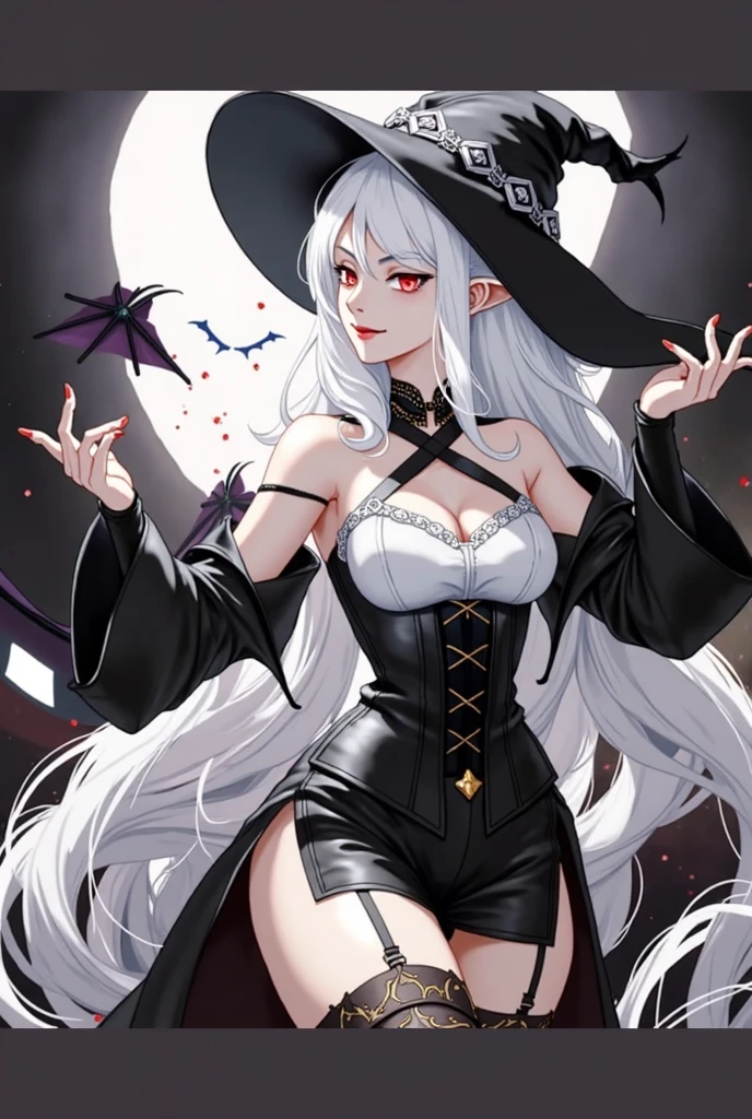 in 8K、top-quality、​masterpiece、ultra-detailliert、Ultra-high resolution、Anime style、One Witch、witch's hat、black cat、natta、fullmoon、a short bob、makeup、eyeshadows、red lipsticks、a necklace、A bracelet、anklets、manicure、Red high heels、Red face、Smile bewitchingly