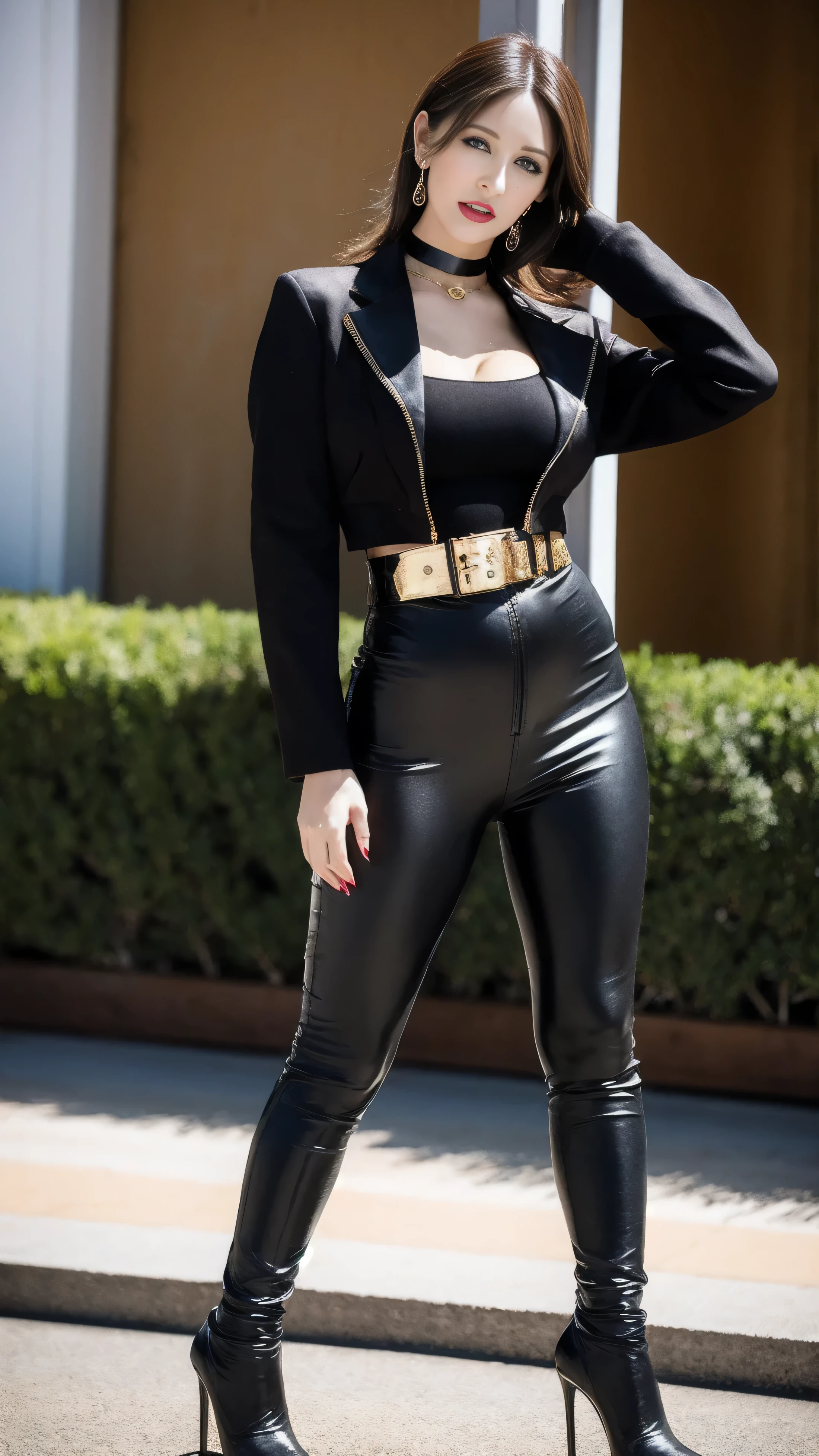  leggings, zip ,stiletto heel boots  ,   shiny stocking 、belt, gold chain   ,choker, long gloves ,long sleeves, gorgeous accessories