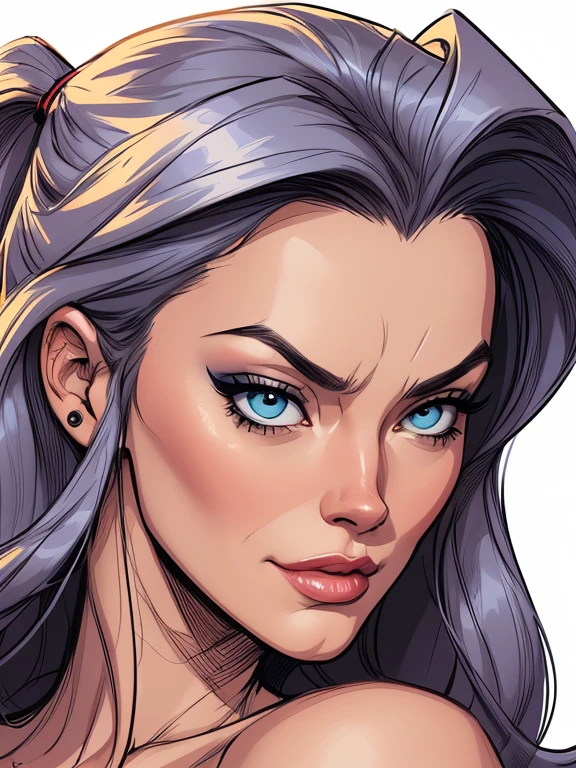 karen, woman, long hair, curly hair, wavy hair, very voluminous hair, blue hair, light eyes, blue eyes, looking at something, looks suspicious, look of disapproval, angry facial expression, close up of the face, the woman is smoking a cigarette, smoking, cigarrete, the cigarette is in the woman's mouth