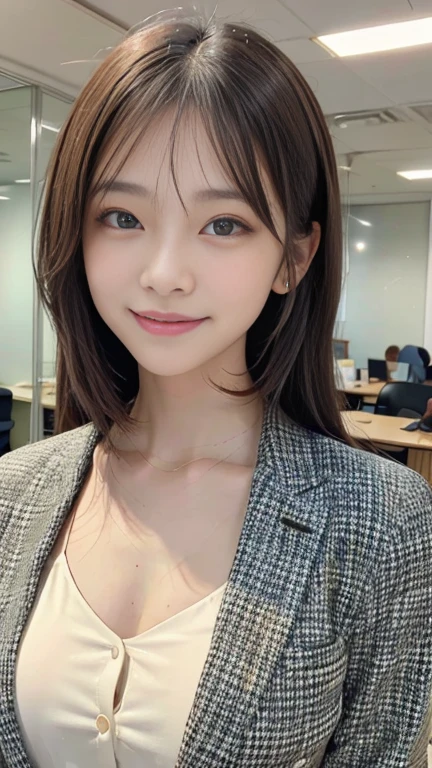 ((highest quality、Masterpiece、High resolution))、(((Zoom photo of upper body)))、(A shy smile:1.2)、One 15-year-old female、Beautiful Skin、Beautiful Eyes、blazer、shirt、Blonde Hair、Trimmed bangs