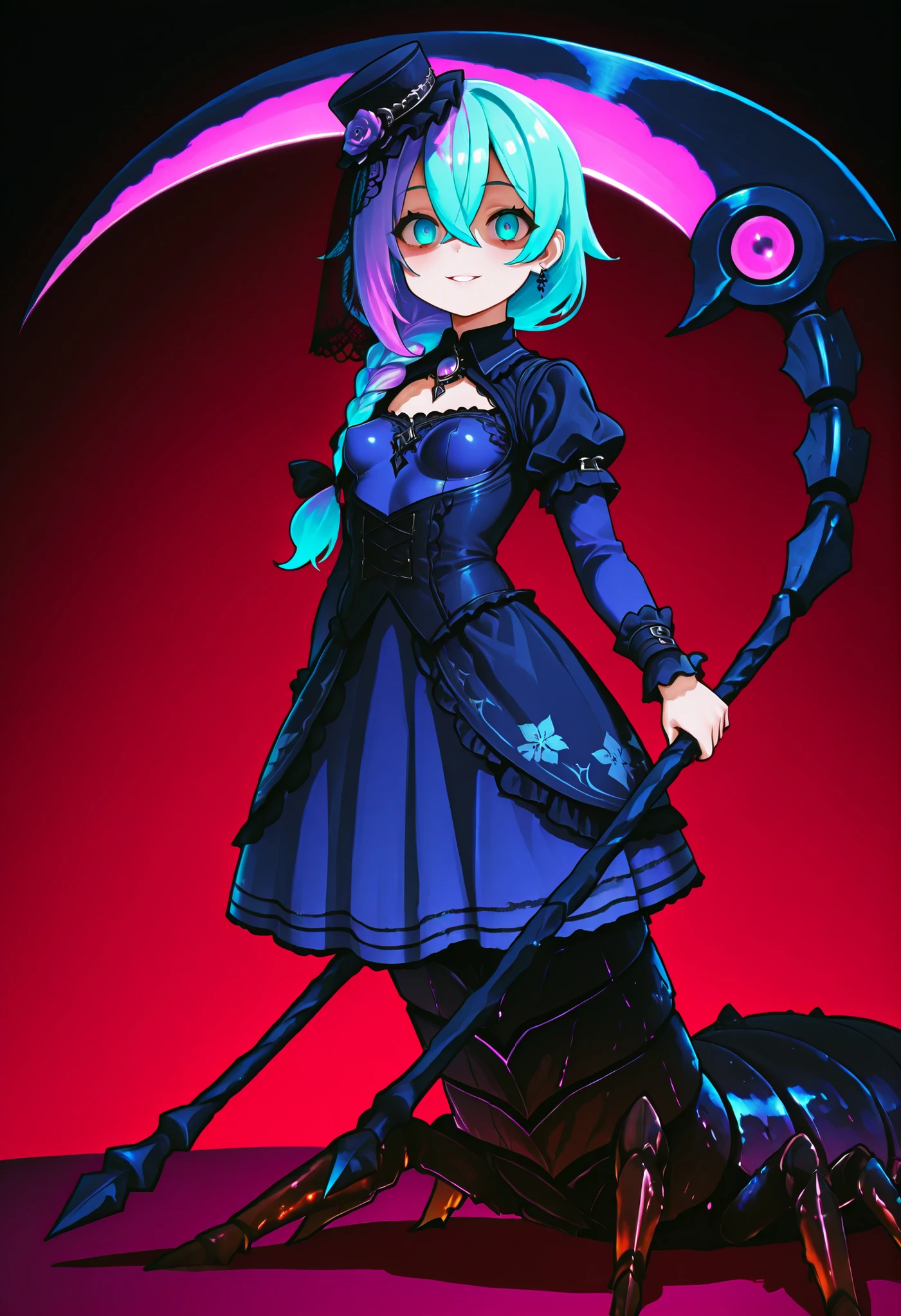 Serket. Scorpion girl. Lavender colored hair. Single braid. Gothic dress. Purple and blue dress. Ruffles. Lace veil. Small gothic hat. Yandere eyes. Scythe. Holding a weapon. Perky breasts. Scorpion legs. Scorpion claws. Scorpion tail. Black carapace. Multiple legs.