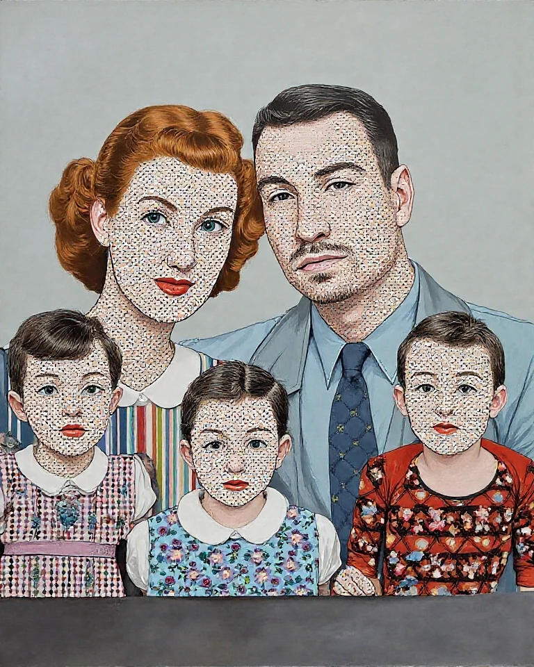 Drawing of Photo of a happy family, bald mother, smoking father, age daughter, unsmiling adult son