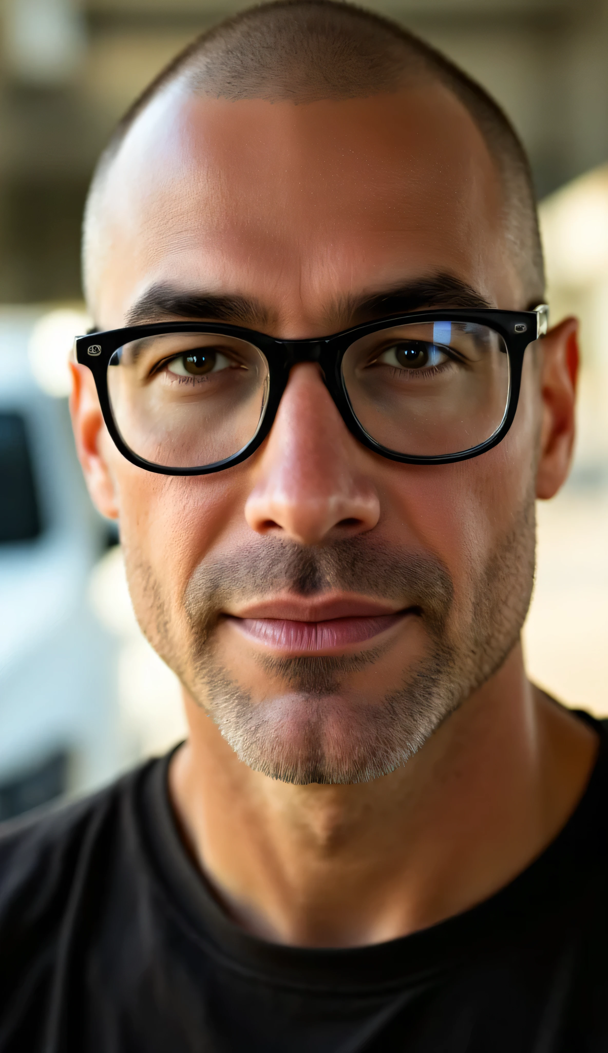 Close-up portrait of a light-skinned, middle-aged man with a shaved head and a slightly receding hairline. He is wearing black rectangular eyeglasses with a soft, natural smile. His face is illuminated by warm natural sunlight coming from the left side, casting soft shadows on the right. His skin tone is healthy with realistic skin texture and light stubble. The man is wearing a dark T-shirt (black or dark brown) with a subtle graphic on the left shoulder. The blurred background shows part of a white car, suggesting the photo was taken in a garage or sunlit outdoor space. Highly detailed, sharp facial features, cinematic lighting, soft depth of field, photorealistic style, natural expression, warm color tone.