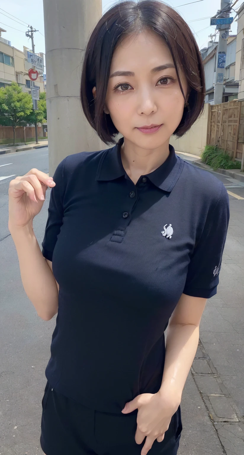 ((Best of the highest quality, 8k, Masterpiece: 1.3, raw photo)), Sharp focus: 1.2, (1 AESPA, slim body type female, 21 y/o: 1.1), (Solo: 1.2), (realistic, photo-realistic:1.37), face focus, cute face, finely eyes, (droopy eyes: 1.32), (Emphasize prominent aegyo-sal with bright: 1.2), shimmering eyeshadow applied under the lower lash line, paired with thick, (small breasts, flat chest, Thigh: 1.3), (short messy, bangs: 1.28), (polo shirt, panties: 1.32), (ribbon: 1.2), walking terrace office, sun light, flower, arms up,