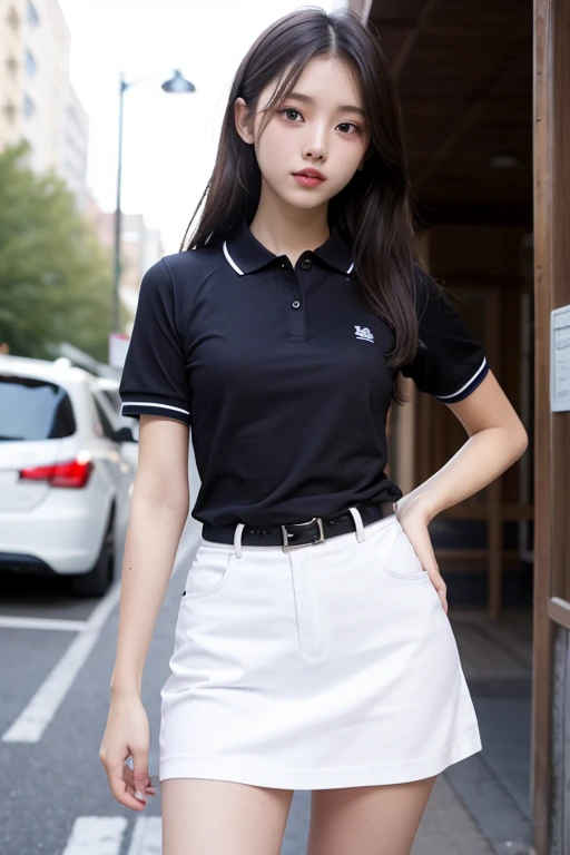 8k, RAW Photos, (masterpiece), (Highest quality), High resolution, (Realistic, photo-Realistic:1.4), ultra detaileded, wonderful_detailed, ultra High resolution, Good move, perfection_anatomy, Realistic,Pure Eros Face_v1, Urzan-6500-v1.1, ((smile)),One girl, alone, Golf club, skirt, black shirt, gloves, shirt, Outdoor, white gloves, Photo Background, Have, 片手gloves, yellow skirt, Day, Realistic, Short sleeve, Brown Hair, Cowboy Shot, Long Hair, wood, chest, Holding, Brown eyes, Are standing, null, ponytail, Visor Cap