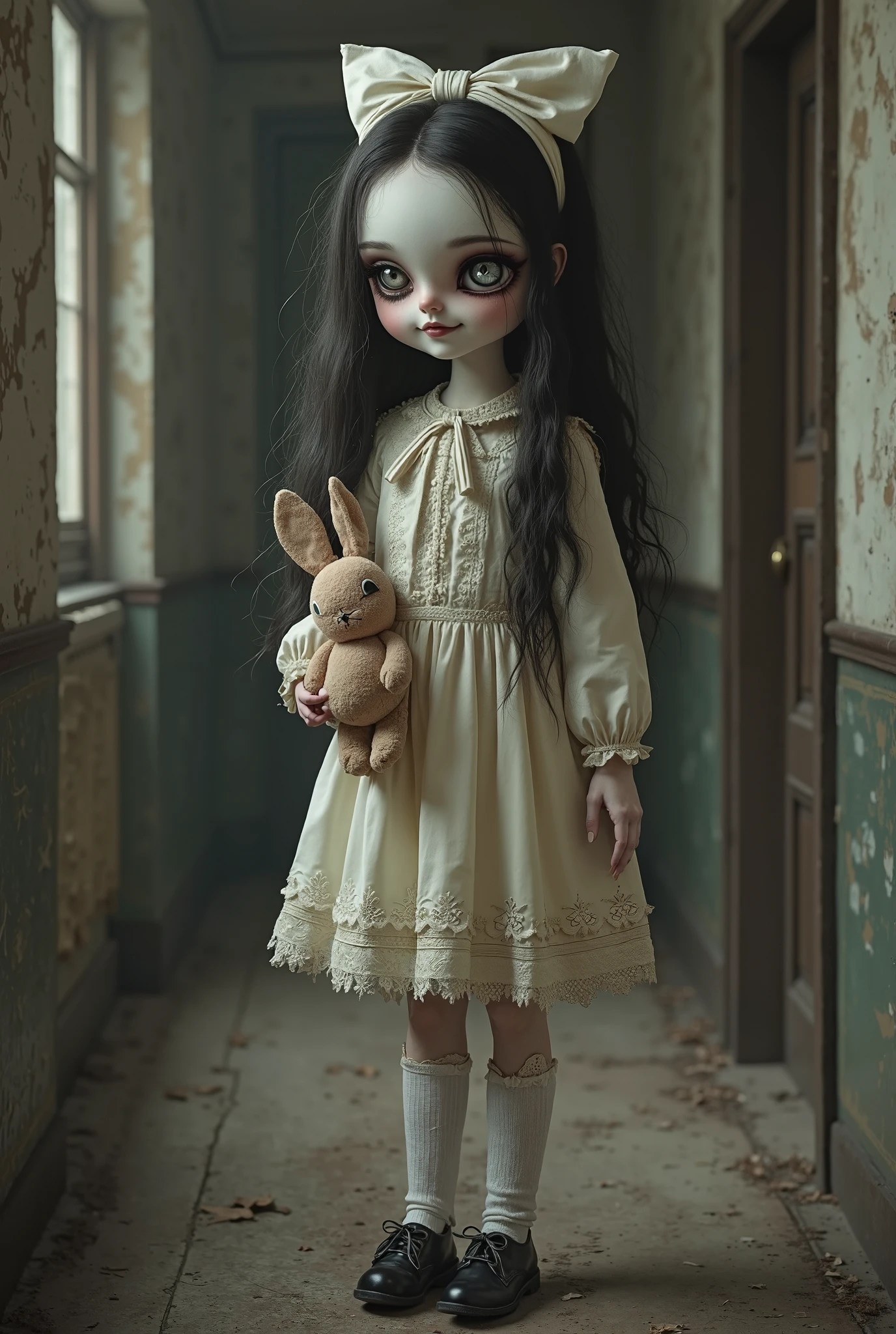 A CHILDREN'S ANA BELLE STYLE DOLL MADE OF OLD AND FACELESS PORCELAIN DAMAGED, REALISTIC GOTHIC IMAGE DEMONIAC IMAGE