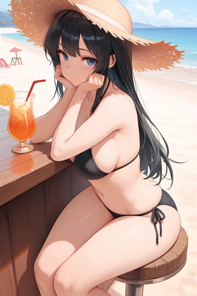 ((Behind the back of a beautiful woman、Buttを強調、Butt、Big Breasts、、White Micro Bikini、Thighs、Hotel Pool、sun、Tropical Drinks))