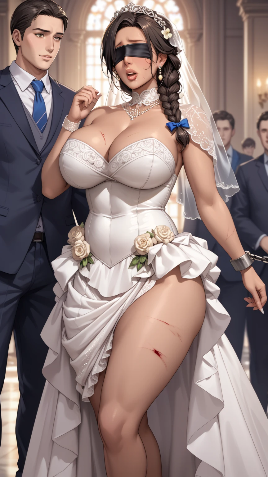 (Unbeatable masterpiece, ultra realistic 8k cg, Perfect artwork, perfect women figure,dramatic shadow,Ray tracing),In the office,(the bride:1.3),(wedding gown:1.3),White suspender stockings,Hold on to the table,(Being touched by an older man:1.5),Beautiful arm lines,(beautifullegs:1.2),nice leg line,huge tit,(areola of breast:1.3),Cocked buttocks,Wavy curly hair,(weeping:1.3),grievance,Desire for sex,Reddened face,Confused eyes