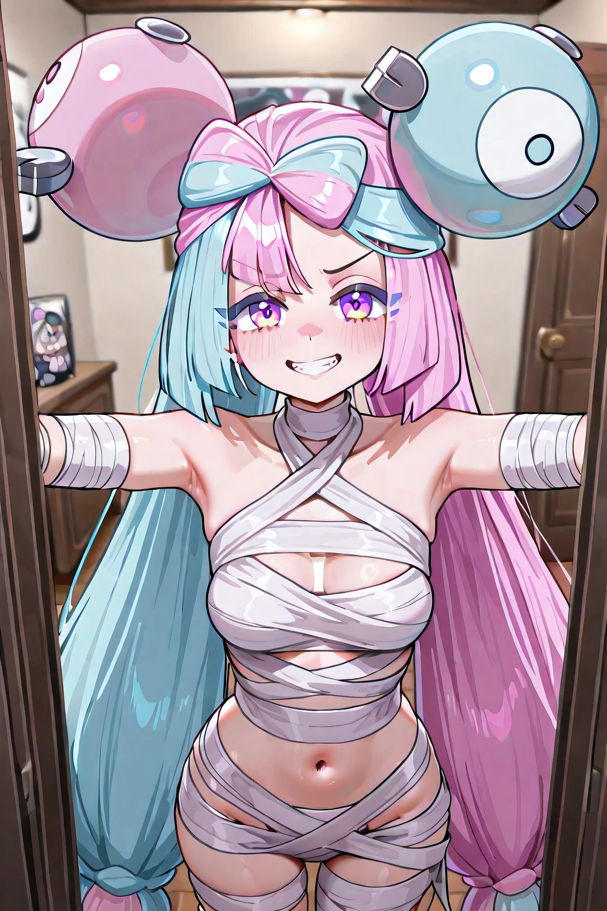 Iono (Pokémon Scarlet and Violet), young girl, ((((Just 1 Iono)))), Medium breasts, very long hair, twintails, bicolor hair, light blue and pink hair, two-toned eyes, pink and blue eyes, ((mischievous expression)), Provocative smile, arms half raised, Extremely detailed face, semi-nua, Mummy costume , several white bandages wrapped around the body, top branco, short Branco, extremely detailed clothing, inside the house, seen from the front, facing the spectator, 4K, Best Quality, obra-prima.