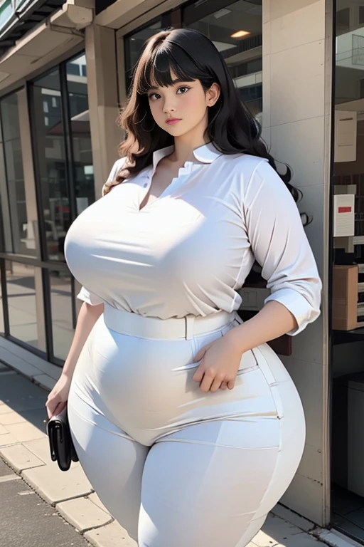Arab Japanese woman on the street , Attractive voluptuous body , Wearing a white jumpsuit pajamas, Beautiful woman, in great detail , sunken waist, wide hips, long legs, very tall ,thick high, group, Full body on camera, Wearing a strap wedge