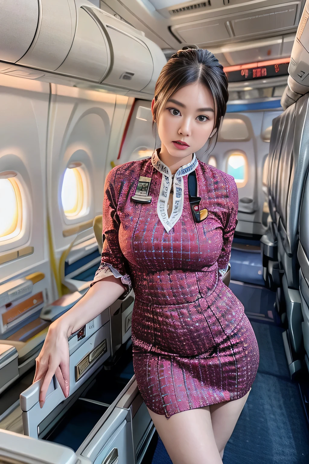 Highest quality, masterpiece, 8K, Ultra-high resolution, (Photorealistic:1.4), One Girl、Beautiful Face、Symmetrical eyes、huge 、Perfect Body Proportions、(Stewardess Uniform)、Look at the viewers、(Inside the plane:1.2)、View from the front、shoulder、Angle from below、View from below、Thigh Emphasis、Cleavage、Seductive pose、Pink lace panties、that,Cabin attendant