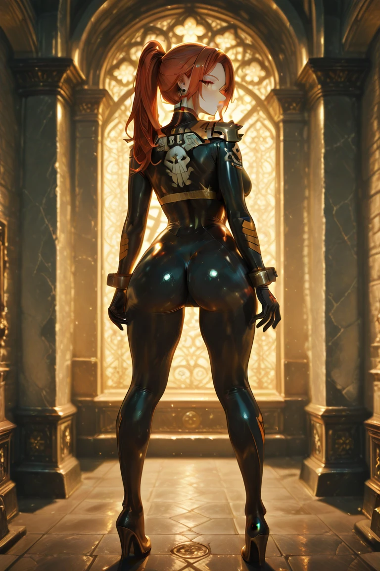 Foreshortened rear shot with detail on the ass of a stunning 30-year-old woman inspired by Bryce Dallas Howard, with her striking features illuminated by starlight. She is wearing a black metallic war bodice profusely decorated and ornamented in black and gold with carved threads, metallic black combat gauntlets, very long, curly and disheveled orange-red hair with gold ribbons that falls in curls over her enormous breasts, boots black leather tight with metal rivets and buckles, worn black leather pants, leather straps on thighs, physically powerful girl, carries a sword in her right hand, fit girl, dark green eyes, thick red lips, round ass and perfect buttocks, narrow waist, normal hips, a lot of makeup, very colorful tribal tattoos all over the body, absolute beauty. The girl is wearing a long black cape that is very worn and torn with a hood that moves with the wind, a belt with a metal skull buckle. In the background, the image of a mysterious and dark cursed castle appears in the mist, which diverts the viewer's gaze. of the captivating smile of the young beauty. Captivating and mysterious dark and cursed landscape, with abandoned ruins and vegetation that covers everything. Mystical and dreamlike atmosphere