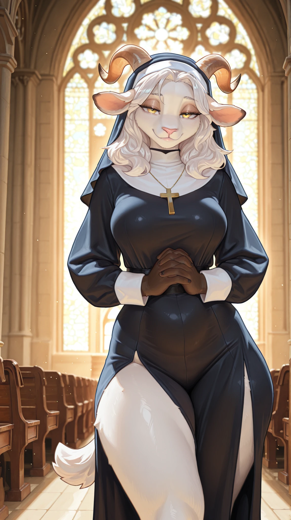 masterpiece, best quality, amazing quality, very aesthetic, high resolution, ultra-detailed, absurdres, newest, scenery, 1girl, goat, furry female, yellow eyes, white hair, wavy hair, medium hair, (40-year-old woman), mature female, closed mouth, looking at the viewer, half-closed eyes, tail, medium breasts, thighs, hips, female focus, contrast lighting, side lighting, masterpiece, best quality, newest, absurdres, highres, amazing quality, very aesthetic, church setting, cute eyes, no lineart, cinematic, dynamic angle, solo, sunset, ambient lighting, seductive expression, nun, praying