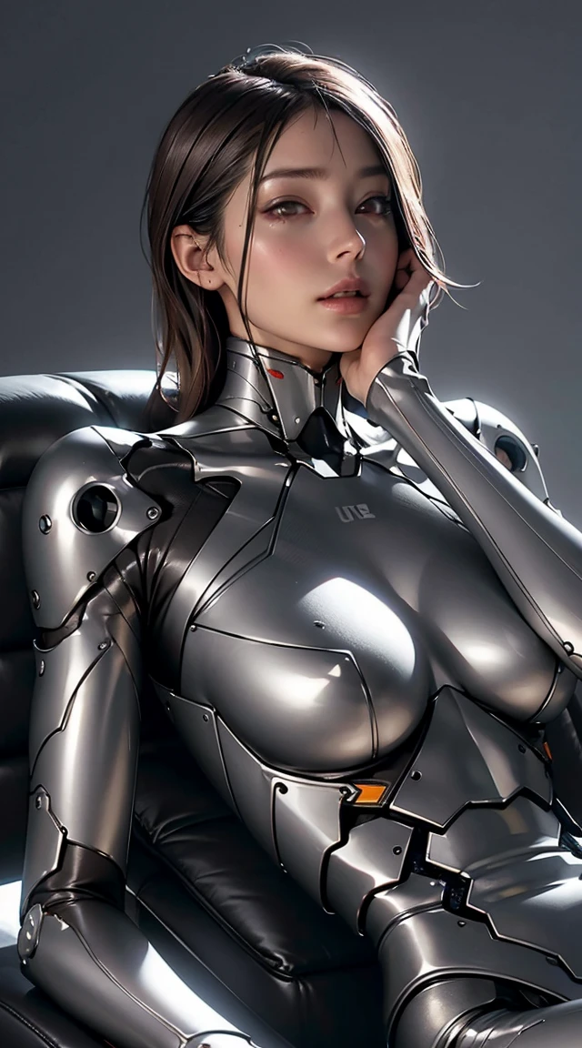 top-quality、masterpiece、超A high resolution、(Photorealsitic:1.4)、((a beauty girl:1.6)), 1 full-body cyborg girl、sixteen years old、NOhumans、((The skin part is only the face)), Luminous Eyes、((Lots of split metal chest protectors)), Metal Robot、((The whole body is the body of a combat robot))、((Body parts are robot parts:1.8))、((The internal mechanisms of the chest are exposed)), ((Mechanical chest armor with LED indicators and meters)), Robot arms and legs、((Exposed metal skeleton of the abdomen))、Metal skeleton of the cervical region、Under repair、destroyed body、Metal Mechanical Bra、Full Body Metal Skin、Metal bodysuit、Metal scales covering the whole body、body made of metal、Whole body metal、a beauty girl、prosthetic hand、artificial leg、Full body cyborg、Exposed metal skeleton、Asian Beauty、cyberpunked、steampunc、Inside the futuristic space battleship、laboratory、Complex 3d rendering beautiful porcelain profile ultra detailed female type android face、dark brown hair、glowy skin、((super realistic details))、portlate、globalillumination、Shadow、octan render、metals、Details of complex ornaments、Japan details、highly intricate detail、Realistic light、CGSoation Trends、a purple eye、radiant eyes、Facing the camera、neon details、Mechanical limbs、blood vessels connected to tubes、Mechanical vertebrae attached to the back、mechanical cervical attaching to neck、sitting on、Wires and cables connecting to the head、Gundam、Small LED lamp、masterpiece、 Metal Robot、body made of metal、Whole body metal、prosthetic hand、artificial leg、Full body cyborg、Exposed metal skeleton、Asian Beauty、cyberpunked、steampunc、Futuristic cities、laboratory、Complex 3d rendering beautiful porcelain profile super detailed female android face、cyborgs、roboticparts、150mm、beautiful studio soft light、Rim Lights、vibrant detail、luxuriouscyberpunk、Ren Hao、surrealistic、Anatomical、face muscles、cable electric wires、microchips、elegent、beatiful backgrounds、octan render、HR Giger Style、8K、top-quality、masterpiece、illustratio、extremely delicat