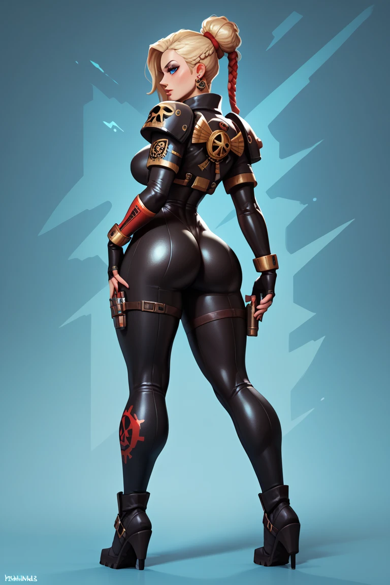masterpiece, maximum quality, ultra high resolution, 8k, Zazie Beetz (Domino - Deadpoll 2 Movie), full body, thin, very detailed face, identical face, detailed eyes, cheerful smile, wide hips, thick thighs, smooth and soft pellet, wearing micro uniform, back to camera, prancing butt