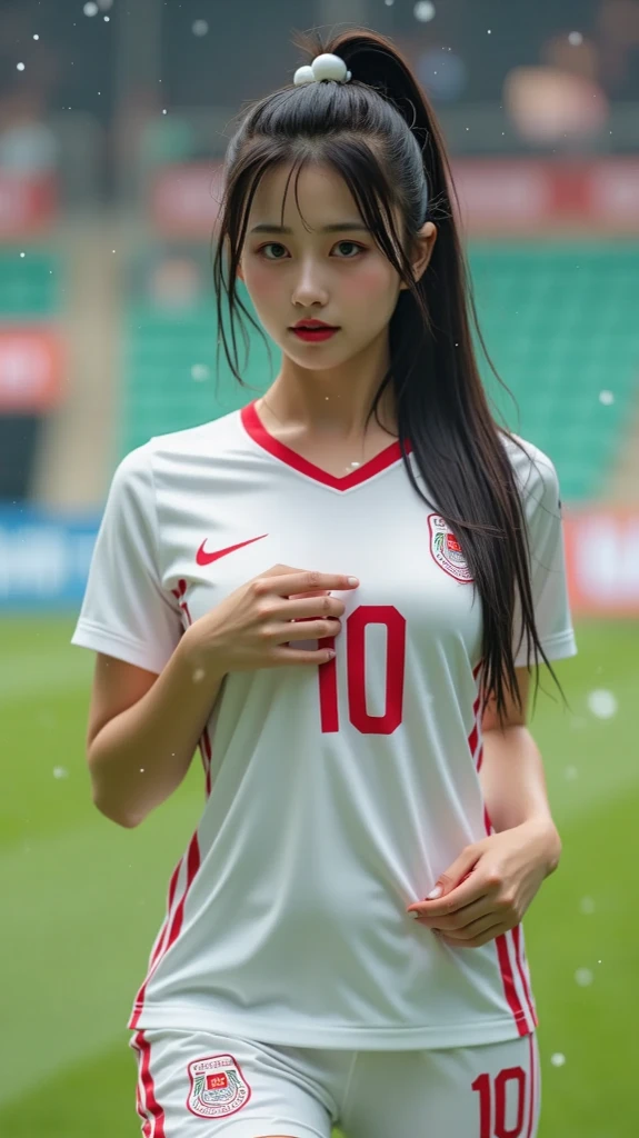 ((full body)), (8K, Best Quality, masterpiece), (Realistic, Photorealsitic), of the highest quality, masterpiece, Beautuful female, adult female, K-pop idol, (((Korea national soccer uniform))), (((red uniform))), (((in the soccer field))), Small bust, slender, straight black hair,