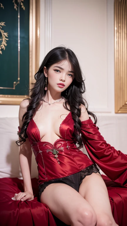 (msterpiece:1.3), (8k, RAW photo, best quality: 1.4), beautiful face, beautiful hairstyle, beautiful detailed eyes, beautiful skin, absurdres, attractive, ultra high res, highly detailed,NSFW, 2 girls in abandoned underground basement,necklace,arms behind back,evil smile, ultra detailed skin,Heavy makeup, flower hairpin,colorful patterned lace dress, dirty ground,on bed, exposed ,long hair,blood, vaginting blood,slim legs,knife,vaginal kniertion,