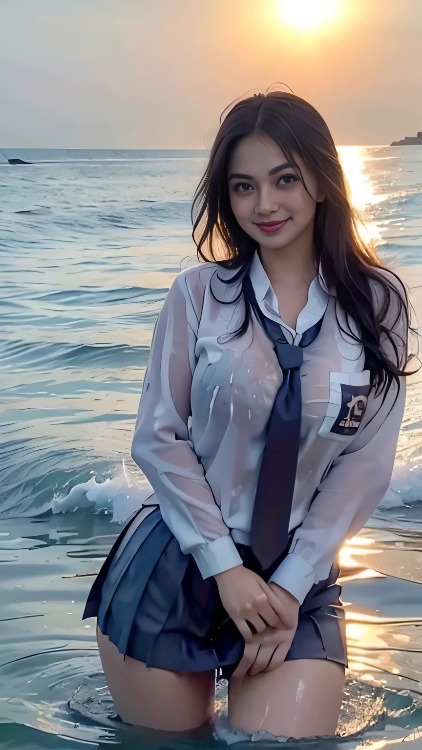 20 yo Indonesian girls in school uniforms playing in the water, at the beach, sunset, twilight hour, magic hour, wet sand, waves, long sleeves, 2 girls, (cardigan), ((loose tie)), ((pleated skirt)), closeup fantasy with water magic, beautiful maidens, playful, (splashing) wearing a skirt made of water, cleavage, photorealistic, dripping wet, in water up to their shoulders, beautiful realistic photo, nymph in the water, hyperrealist portrait at seaside, hyperrealistic fantasy photo, splashing, playing with each other, cute shot, narrow depth of field, 8k, ((drenched)), ((soaked)), (dripping water), dripping oil, heavy clothes, soaked in oil, wet all over, rouge lipstick, wet dripping hair, varied hair, smiling, ((see throug, varied poses, tropical beach