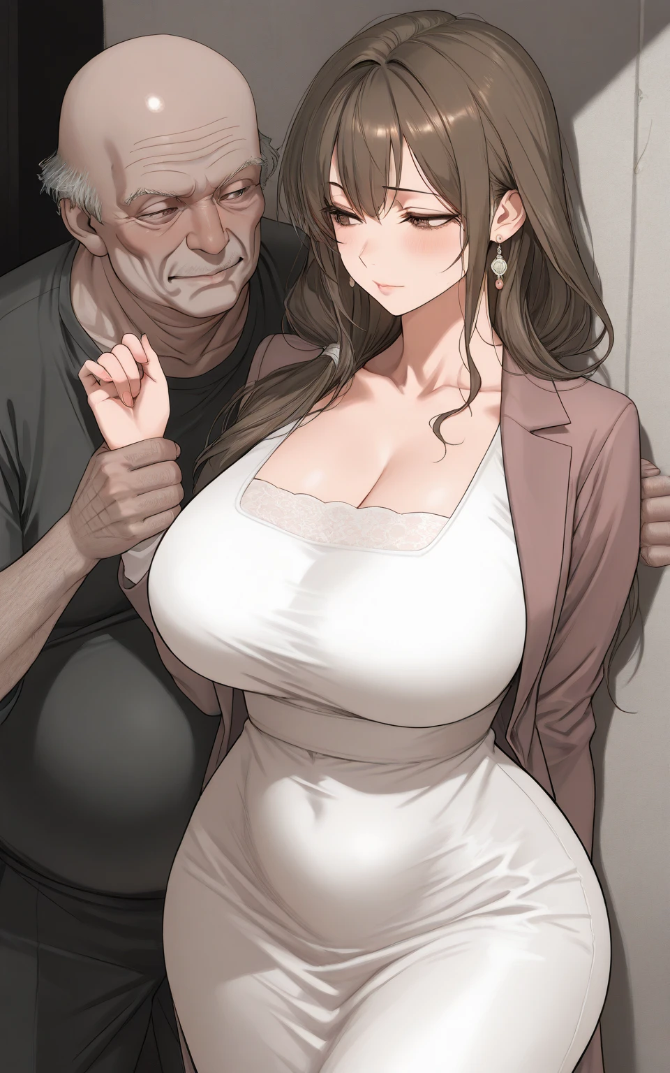 (nsfw:1.2),((One girl, 1 Elderly)), (Skirt flip:1.4), ((Old man grabs woman's waist)), The old man laughs evilly, Huge breasts:1.7, Anime cel painting style, Highest quality, High resolution, Huge breasts:1.8, good, High leg panties,blue eyes, Purple Hair, bangs, Side Ponytail, hair ornaments, Embarrassing, fear, blush, View Viewer, whole body、(((Completely naked:1.8)))、He is moving his hands violently to his crotch