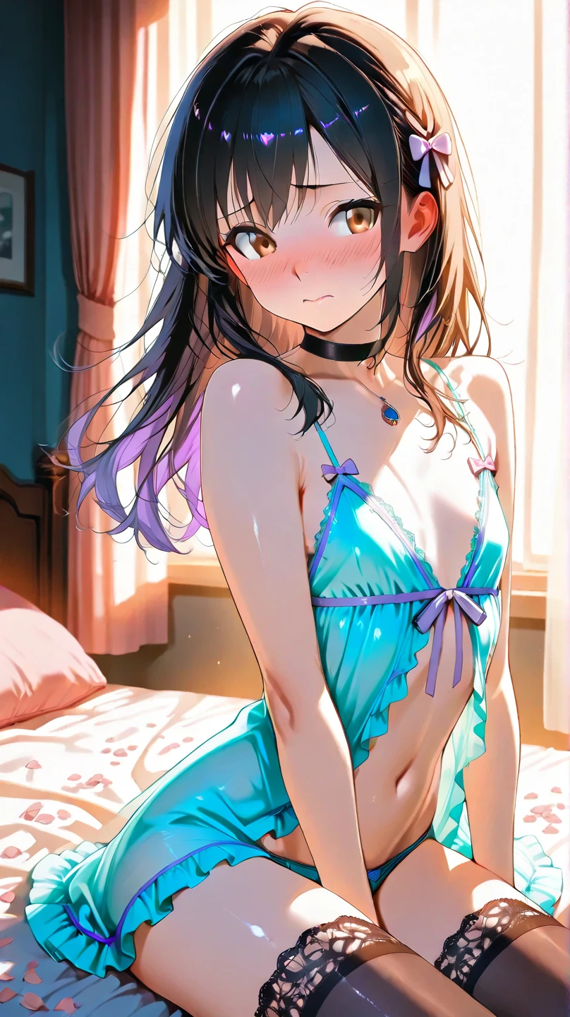 asakura_yume,Brown Hair,Medium Chest,Aqua Eye,White skin,(((Lying in bed))),((Bust up shot)),(((((green_Summer Dresses))))),((valley)),No bra,smile,Open your mouth,
