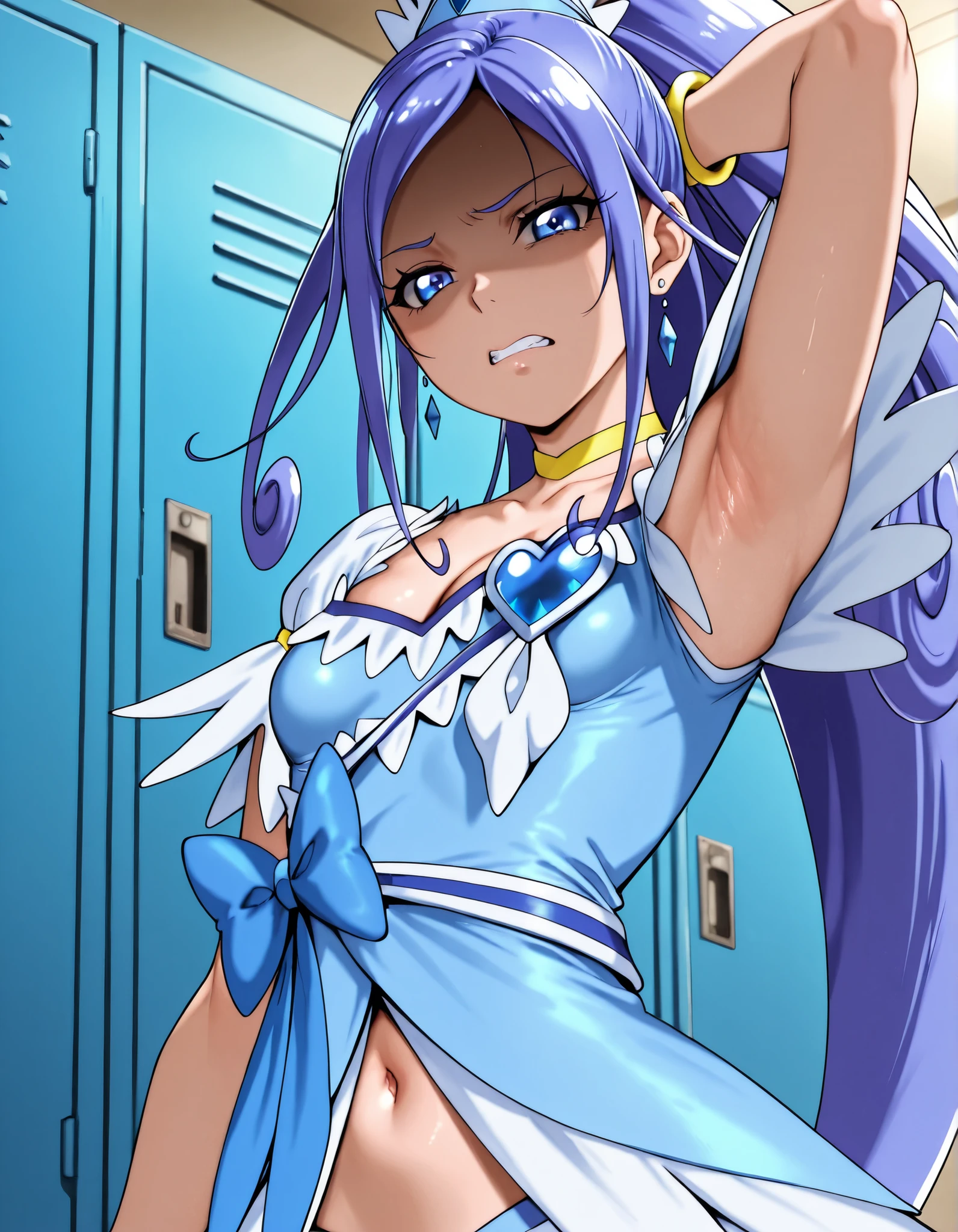 3D, cure diamond,
capelet, gem, blue dress, yellow bracelet, blur ribbon, earrings, cleavage, navel,
Alp,
shaded face, ,(disgistied face:1.2), (glare at viewer:1.1, (narrowed eyes:1.4),\(troubled eyeblows:1.8\), disdaining , (clenched teeth), look down at viewer, masterpiece,absurderes, beautiful detailed face,,looking at viewer,
from side,show armpit from short sleeves,face closeup,
indoor, locker room