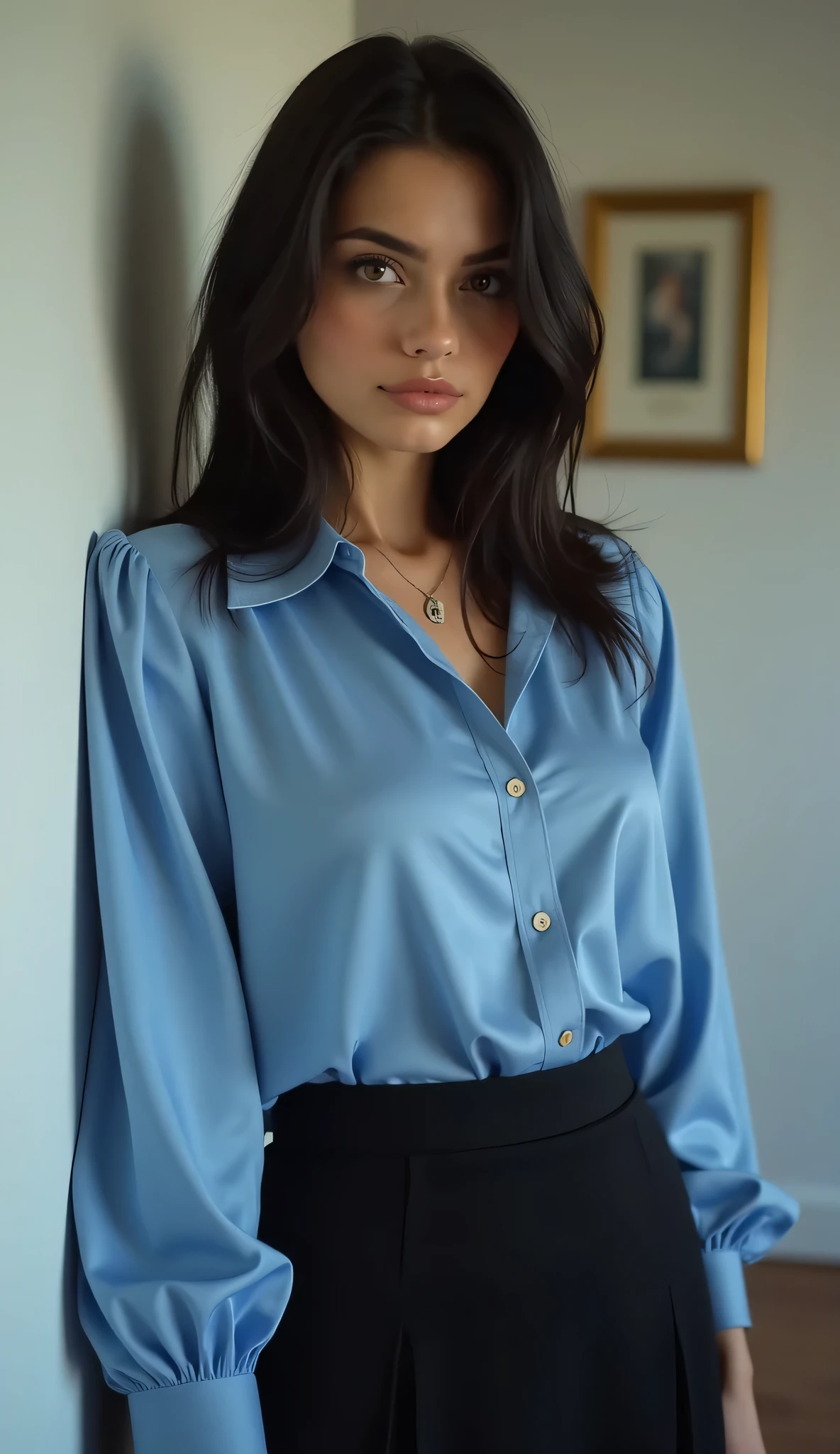 beautiful black-haired girl , She has brown eyes, shoulder-length hair, Nice big breasts, beautiful face, angelic look , perfect makeup, She's wearing a blue blouse and a black skirt she's in a room with a pose on the wall