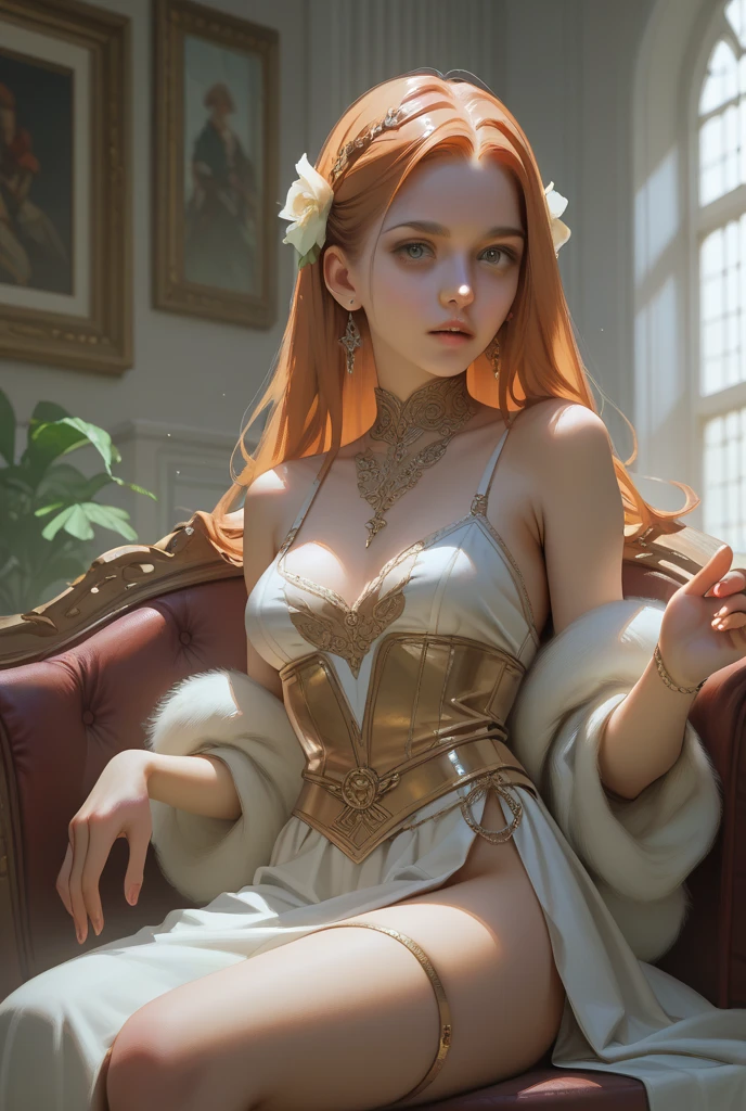 rear view, full body portrait of 1 person, a cute skinny ginger (redhead) princess, 18, teen, slim, regal, royalty, wearing a thin silver crown and a long royal dress, (medieval castle interior), (leaning in bedchamber doorway), inviting you in, ((alone at night)), gorgeous, stunning, hot, (seductive smile), (8k, high res, intricate, masterpiece) (highly detailed face: 1.4)