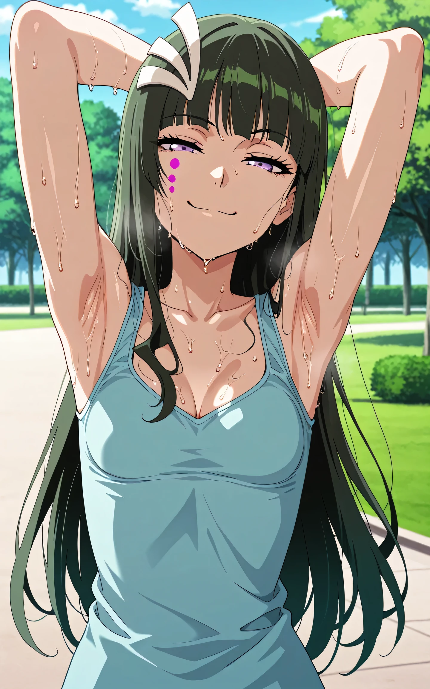 skirt,kneehighs,sitting,on bench,blush,white background ,hands between legs,looking at viewer,ultra-detailed,best quality,masterpiece, bare shoulders,upper body,half closed eyes,arm up,armpit focus,Thick Armpit,Armpit,Armpit,Plump Armpit, masterpiece, best quality,8k,flat chest,16k,thick thighs , knees to chest
