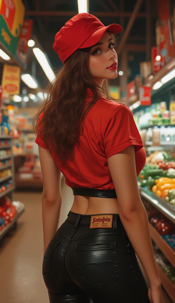 slim thick, tight waist, voluptuous, hourglass figure, thick thighs, thicc, perfect body, super wide hips, childbearing hips, (front view:1.4), (full body shot: 1.2), huge butt, bubble butt, beautiful face, detailed, (ass bigger than her head: 1.4), (Breasts bigger than her head:1.5), (gigantomastia, macromastia, gigantic breasts: 1.4), (Ultra Quality, Masterpiece, Ethereal:1.4), cinematic, aesthetic, (wearing convenience store worker uniform: 1.6), (fully clothed: 1.4), setting is a convenience store