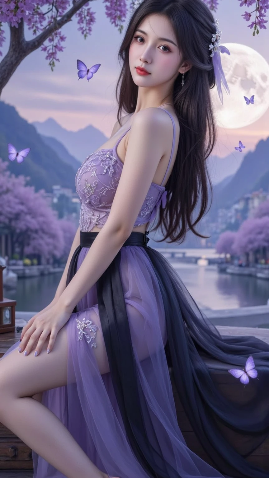 outfit-gls sweater high-waist skirt long skirt elegant posture, She gently lifted her skirt with one hand,头发周围有白色的Butterfly兰,Lilac dendrobium、White Lily, Long legs , Deep in Wonderland, ((Flowing long hair))Official Art , Unity8k Wallpaper , Extremely detailed , Visible cleavage, Pretty and beautiful , 性感Long legs, masterpiece , best quality ,Practical, Very detailed illustrations ,Extremely detailed , Intricate details , Extremely complex and detailed , Very detailed 8KCG wallpaper , Caustics .reflection , Ray Tracing , Devil theme ,nebula ,Dark aura, Network Effects , (1 girl)solitary , 小蓝Butterfly , (Blue plasma flame , (insect , Butterfly)) Pastel tones in Rococo style ,Light white and light dark red , Incredibly beautiful , Cherry blossoms , Surrealism ,painting , Ethereal , Mixing reality and fantasy elements ,Ray Tracing , Complex Mode , Exquisite lines , Perfect your hands, Starry Sky , Colorful , Star