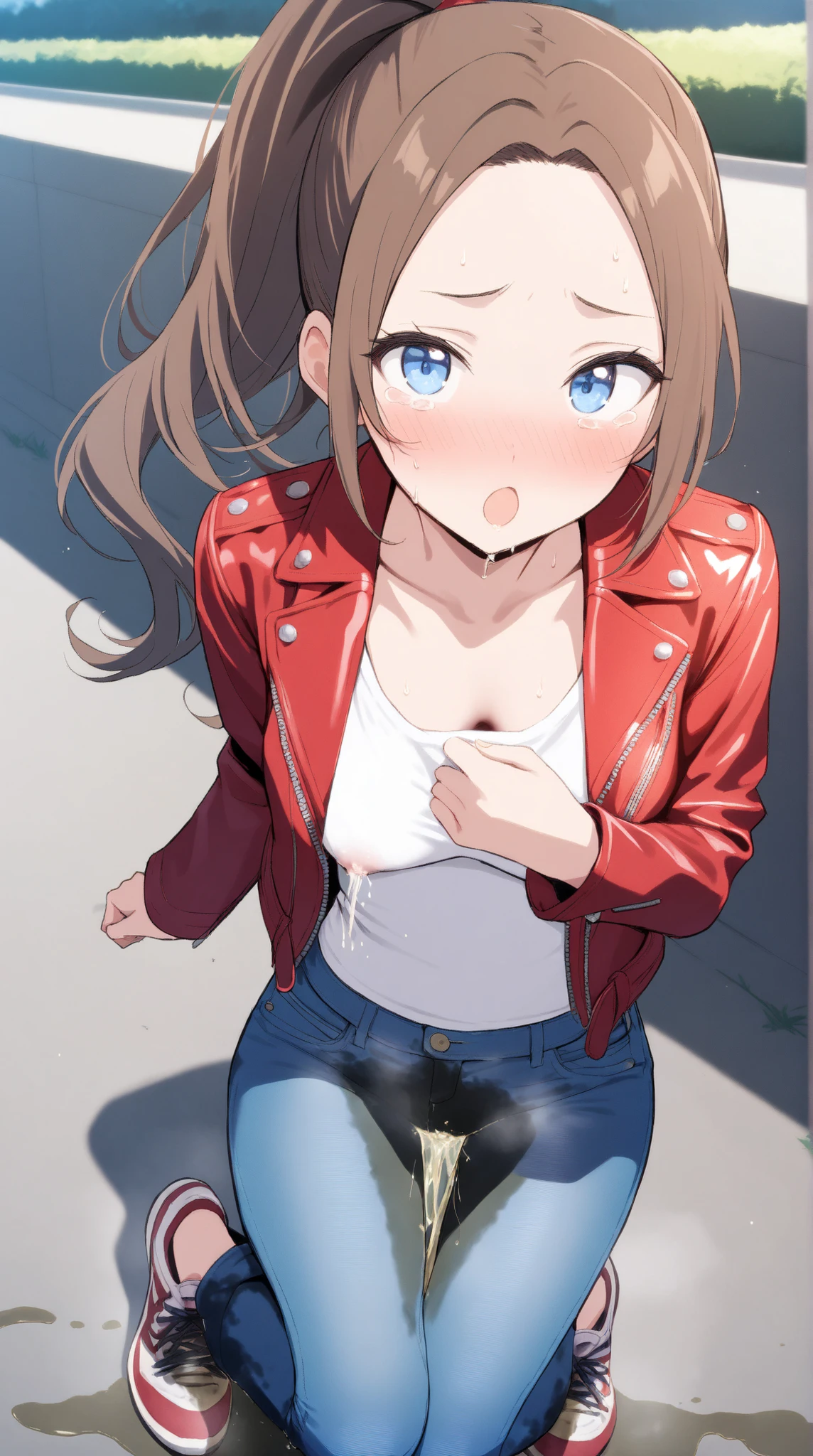 1girl, youthful female, blue eyes, long hair, high ponytail, brown hair, forehead, soft make-up, (lactation), medium breast, skinny body, (wetting herself), (desperation), large wet pee stain, pee stain visible on her pants, (blue pants, denim skinny pants), white top, red leather jacket, long sleeves, u-neck, red sneakers, looking at viewer, outdoor setting, :O, full body, Fashion photography, masterpiece, best quality, high score, great score, absurdres
