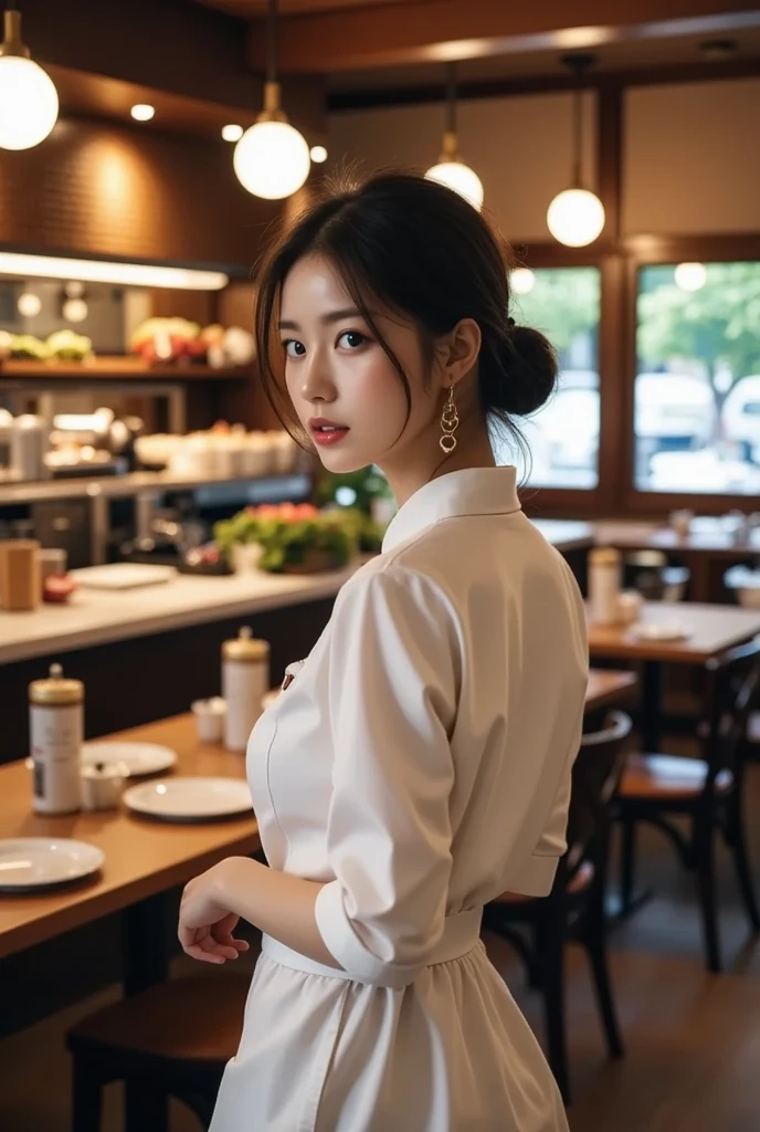 (masterpiece:1.2), super detailed, ultra high resolution, (realistic, photo realistic:1.37), High-definition RAW color photos, professional photos, highly detailed face, very fine eyes, highly detailed skin, very fine fingers, highly detailed nose, highly detailed mouth, perfect anatomy, highly detailed background, (famous japanese actress:1.2), (gal:1.3),  Brown people, (blonde hair:1.3), Very short cut hair, cafe background, Cafes in New York, (wearing a white shirt, mini skirt:1.3),