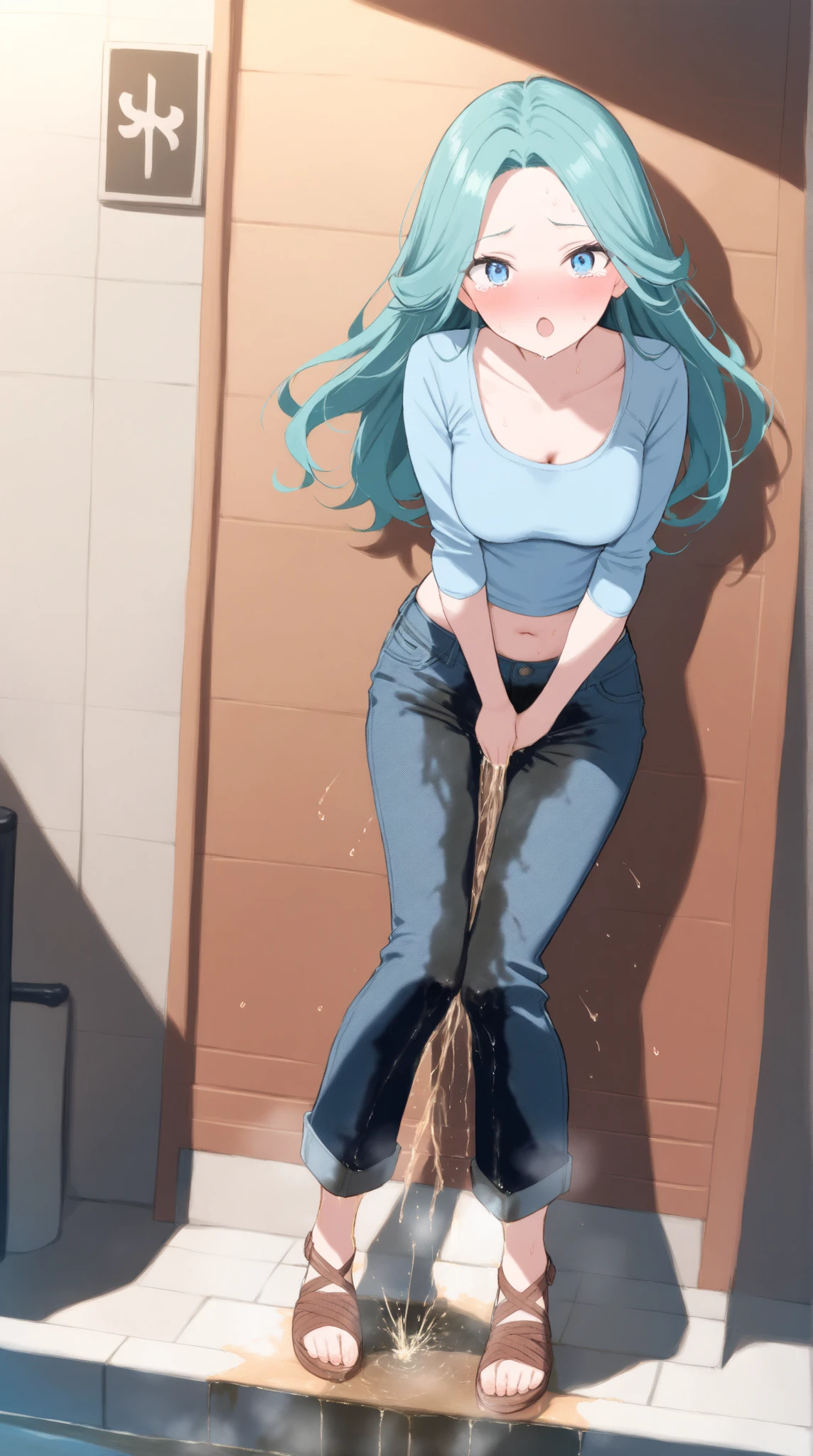 1girl, youthful female, blue eyes, long hair, straight gair, torquoise hair, forehead, soft make-up, (lactation), medium breast, skinny body, (wetting herself), (desperation), large wet pee stain, pee stain visible on her pants, (blue pants, denim skinny pants), blue top, long sleeves, u-neck, navel, brown sandals, looking at viewer, outdoor setting, :O, full body, Fashion photography, masterpiece, best quality, high score, great score, absurdres