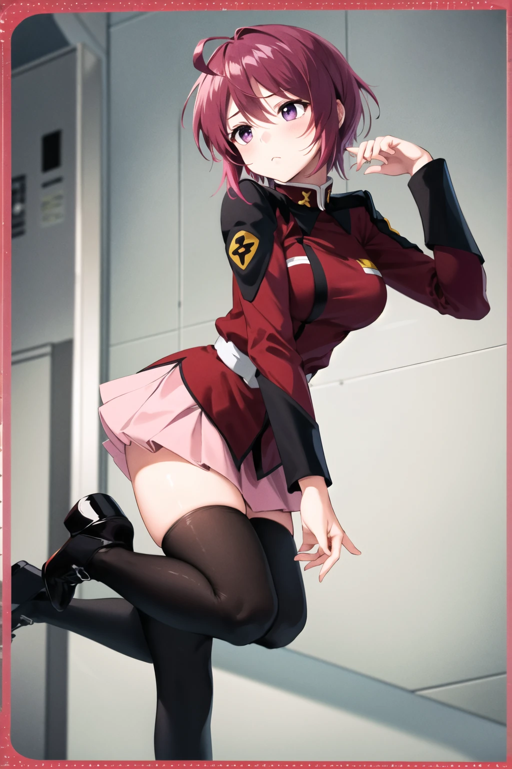Bewitching anime girl in blue suit and tight skirt、Black tights,Inviting look、black top and brown hair,,,,Ecchi anime style, bending forward,Kamimei,Red Light District at Night,neons