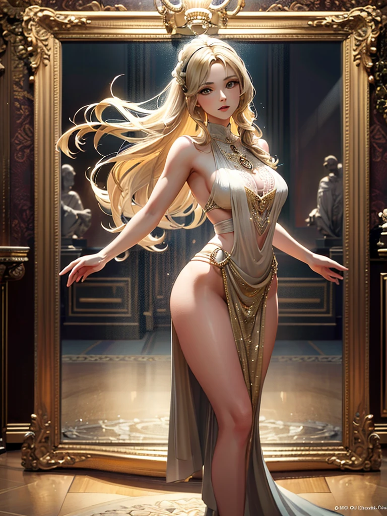 Pure erotic photography,perfect masterpiece,best quality,ultra high resolution,,angle,,professional lighting, ,perfect focus,realistically,ultra high resolution织物纹理,persian dancer,Supermodel body,golden ratio figure,good understanding、golden body,Realistic perfect body,All-over gold coating,Realistic gold leaf paint all over,shiny skin,golden goddess, sparkling body,The face of a perfect goddess,Beautiful and delicate eyebrows and eyelashes,sexy red lips,perfect lip shape,clear skin texture,hydrated skin,8k eye details,8K primary school students(Advanced facial details:1.1)light blonde hair,light blonde hair,clear hair,Careful hair texture(Premium hair details:1.1)Gorgeous deep V-neck loose dress,Bright red gorgeous dance dress,belly dance costumes,wide open neckline、Gorgeous and charming costumes(Full set of chest protective clothing)jackpot accessories、gold earrings、Golden necklace、Golden bangles、Gold anklet、indoor,persian palace,Persian decorated room, Golden Noble Room, Brilliant light, gold interior, treasures,expensive paintings, Big red series,full-body shot, Art photo of woman with gold leaf paint,persian dancer作品,high quality work