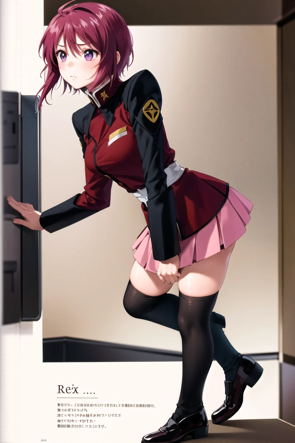 masterpiece, best quality, highres, 1girl, solo, pink skirt, military uniform, (skirt lift:1.7),cameltoe,panties,panty shot,short hair, ahoge, black thighhighs, red hair, purple eyes, purple hair, long sleeves, frown, leaning forward,