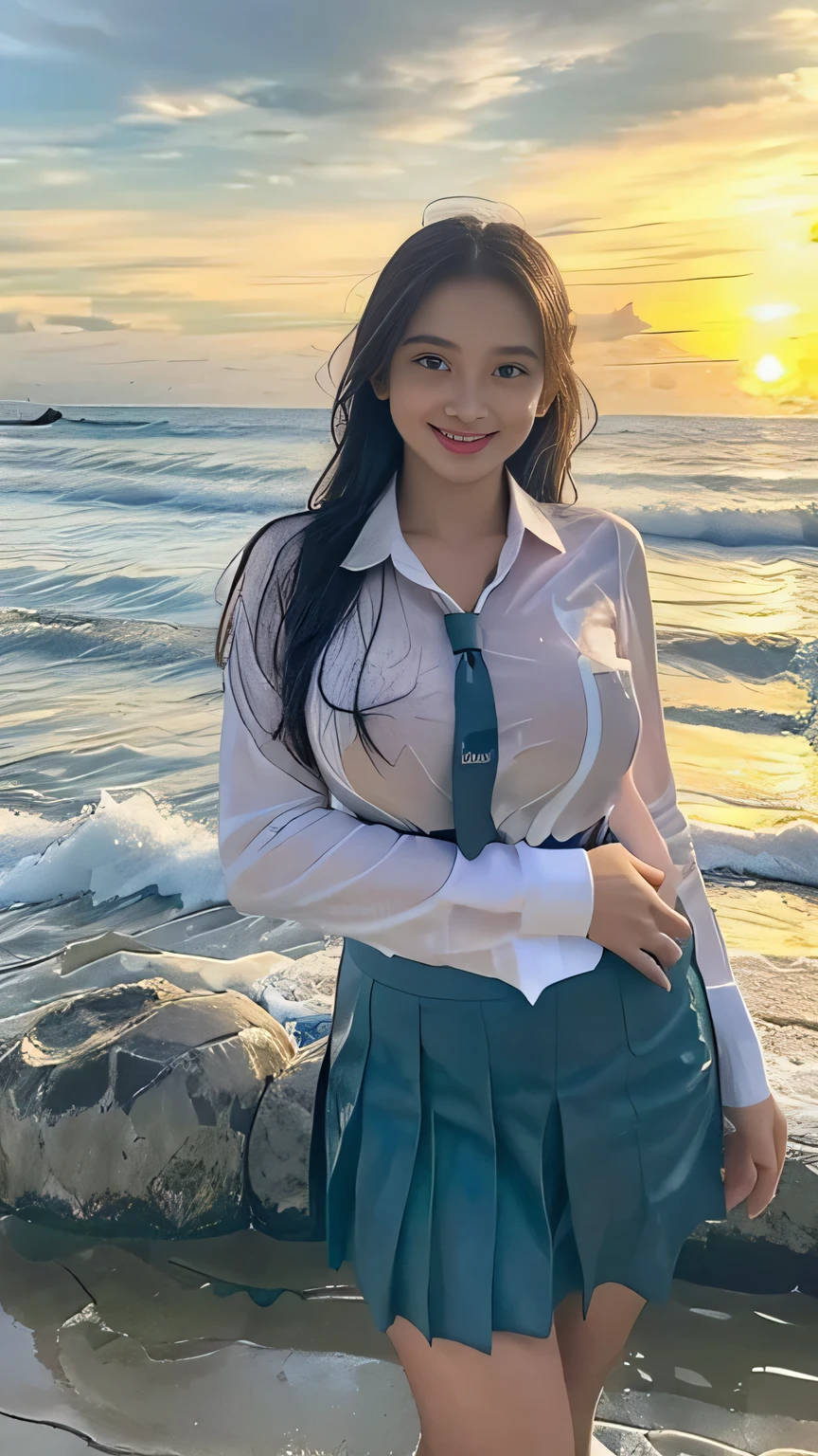 20 yo Indonesian girls in school uniforms playing in the water, at the beach, sunset, twilight hour, magic hour, wet sand, waves, long sleeves, 2 girls, (cardigan), ((loose tie)), ((pleated skirt)), closeup fantasy with water magic, beautiful maidens, playful, (splashing) wearing a skirt made of water, cleavage, photorealistic, dripping wet, in water up to their shoulders, beautiful realistic photo, nymph in the water, hyperrealist portrait at seaside, hyperrealistic fantasy photo, splashing, playing with each other, cute shot, narrow depth of field, 8k, ((drenched)), ((soaked)), (dripping water), dripping oil, heavy clothes, soaked in oil, wet all over, rouge lipstick, wet dripping hair, varied hair, smiling, ((see throug, varied poses, tropical beach