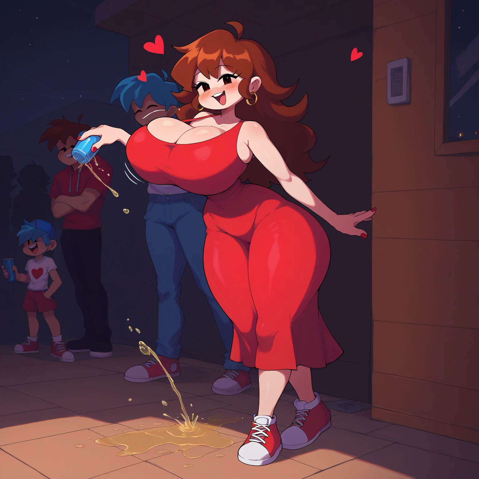 Eyes closed, happy, mouth open, smiling, parted lips, upper teeth, singing, (Big belly:1.1)Girlfriend, red dress, music, musical note, sitting, sitting on speaker, microphone, holding microphone,