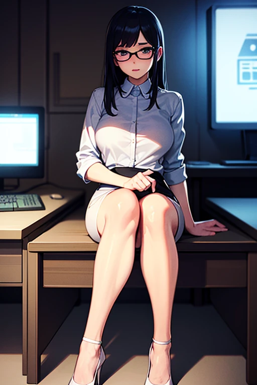 (Modern office indoors), 1 Female ((alone)), (Brown eyes), (Black medium hair), bangs, (Office Casual Pencil Skirt Green), (White shirt), (ID card), A gentle blushing smile, (Masterpiece Top quality:1.2), Delicate illustrations, High resolution, Super detailed, Large Breasts, (Black Stockings), (Sitting)