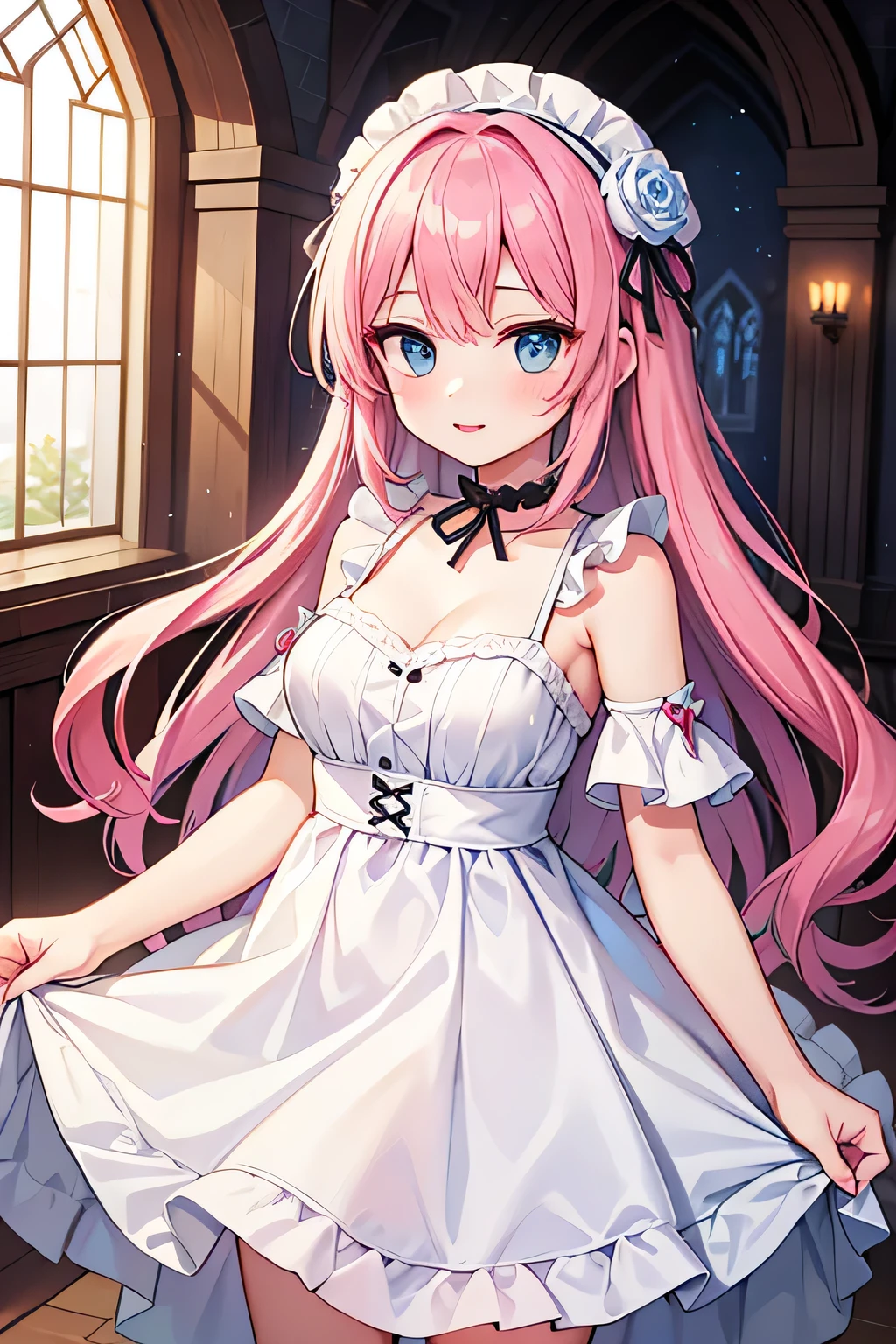 insanely detailed, absurdres, ultra-highres, ultra-detailed, best quality,
1girl, solo, nice hands, perfect hands,
BREAK
princess, princess dress with many frills, teara on hair,
happy smile, laugh, closed mouth,
standing, seductive pose,
from front, cowboy shot,
BREAK
slender, kawaii, perfect symmetrical face, ultra cute girl, ultra cute face, ultra detailed eyes, ultra detailed hair, ultra cute, ultra beautiful,
BREAK
(fantasy world, in castle), depth of field,
medium large breasts,
BREAK
pink hair, long hair, messy hair, green eyes, hair between eyes