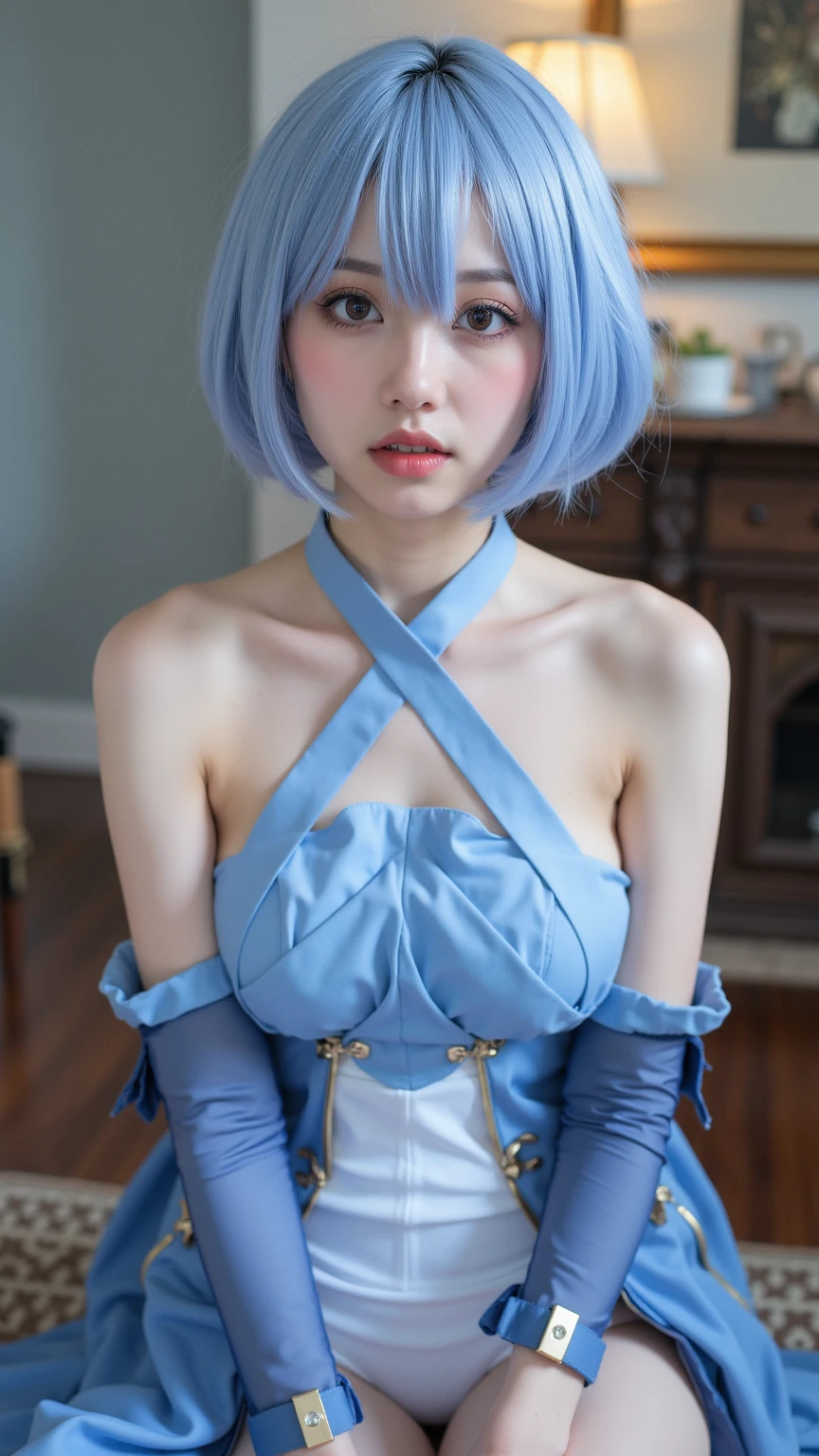 (photo realistic1.2),ultra detailed,(8K),(1girl),(Fantasy World:1.5),(wooden house),(bed),Clothing with low sheen,(warrior Costume:1.5),warrior items on the wall,warrior gear,(warrior Hat),skirt,topless, (small nipples), (big breasts: 1.2),nude gravure, beautiful Japanese, clothes in disarray,earrings,moderate muscle tone,(from above),looking at viewer,(lying down pose),(embarrassed),bust shot,((light blue hair)),(short hair),26years old,