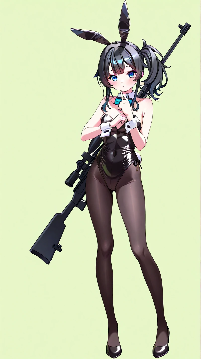 best quality, masterpiece, highres, solo, {ooyodo_kantaicollection:1.15}, black_hair, long_hair, glasses, hairband, semi-rimless_eyewear, under-rim_eyewear, blue_eyes, green_eyes, small_breasts, 1girl, looking_at_viewer, necktie, harbor_background, red_necktie,angry,smile,Proudly,(bunny_suits:1.5),bunny_ears,thighs,fishnet_pantyhose,cuffs,