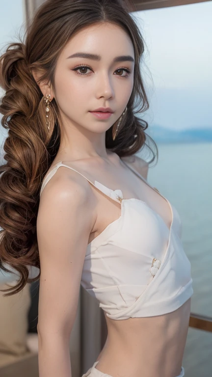 A beautiful desert princess, (best quality,8k,highres,masterpiece:1.2),ultra-detailed,(realistic,photorealistic,photo-realistic:1.37),intricate details,desert landscape, flowing white dress, elegant posture, piercing blue eyes, delicate facial features, long flowing hair, golden jewelry, mysterious expression, dramatic lighting, warm desert colors, blowing sand, oasis in background