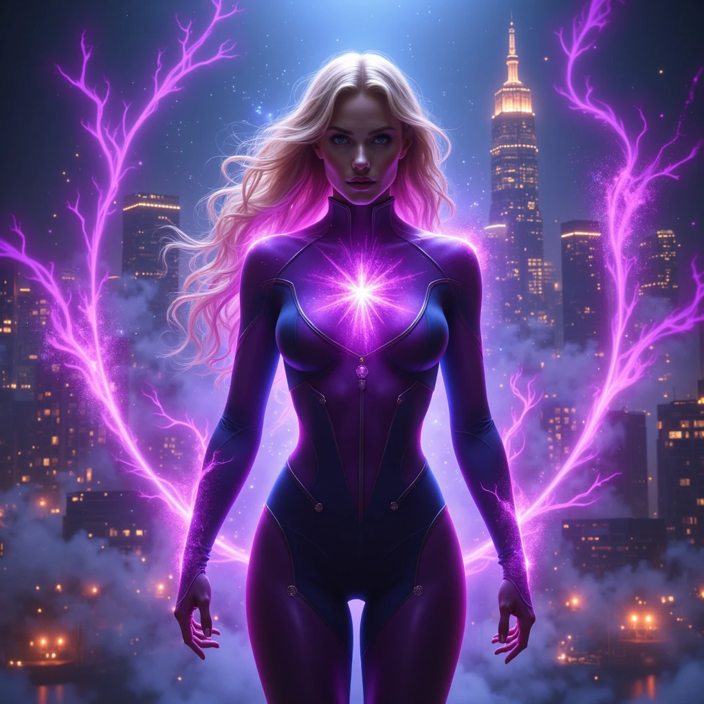 A blonde-haired, violet-eyed supervillain dressed in a sleek skintight pink and blue costume, complete with a flowing pink and blue skirt, exuding an air of malevolent power as she directs a beam of psychic energy, evoking fear and panic among the surrounding terrified civilians