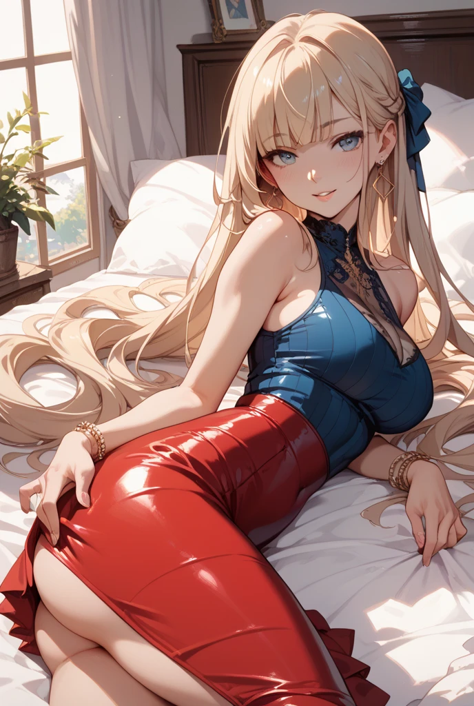 красное dress с ремнями, anatomy, правильная anatomy, 8 K. 4k, high quality, Best quality, dress, beautiful girl, правильная anatomy, bed, lying in bed, beautiful girl, anatomy тела, beautiful body, The Right Body, dress, красивое красное dress, red color, ремни на dress