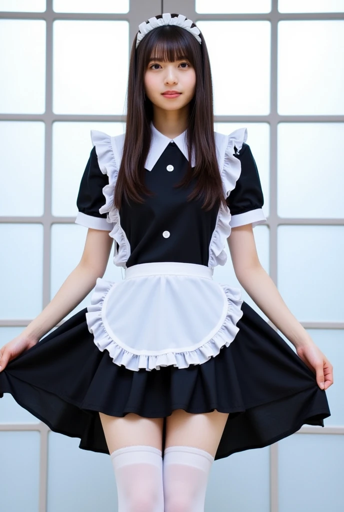 (Highest quality、Tabletop、8K、Best image quality、Award-winning works)、Beautiful maid、(Perfect black and white luxury short maid dress:1.2)、(Berry mini skirt maid dress:1.2)、(Boldly expose your thighs:1.1)、(A luxurious maid dress with elegant decorations:1.2)、(Rear view:1.4)、(The simplest pure white background:1.3)、Biggest Smile、Smiling with beautiful teeth、Large Breasts、(Photo from below:1.2)